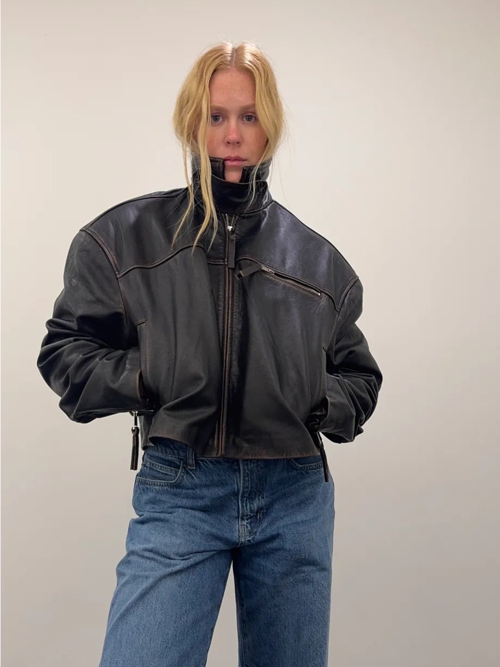 Helsa Oversized Brown Leather Bomber Jacket - Picture 2 of 12